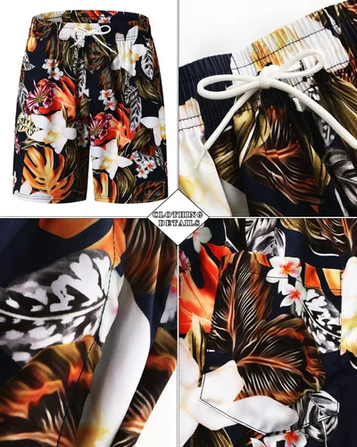 Vista 109 de TUNEVUSE Conjunto de camisas y pantalones cortos hawaianos para hombre, 2 piezas, trajes de playa con estampado de flores, traje tropical de verano