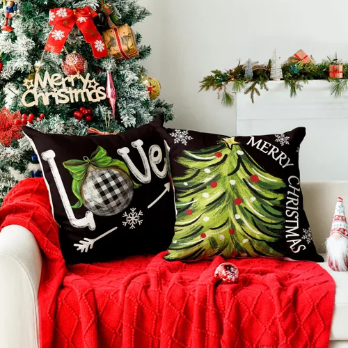 Vista 3 de AVOIN colorlife - Juego de 4 fundas de cojín con diseño de muñeco de nieve, árbol de Navidad y texto "Merry Christmas, Let It Snow, Love" en negro