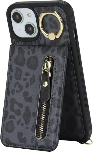 Vista 5 de Funda para iPhone 13 mini con tarjetero y correa para mujer, bolsa cruzada con soporte de anillo con cremallera para Apple 13mini, leopardo negro