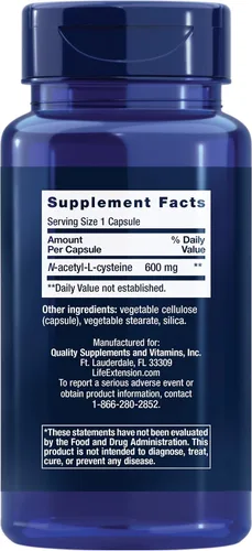 Vista 3 de Life Extension N-Acetil-L-Cisteína (NAC) y Glicina 1000 mg, Promueve la Relajación, Sueño Saludable, Aminoácido, Sin Gluten, Sin OGM, Vegetariano