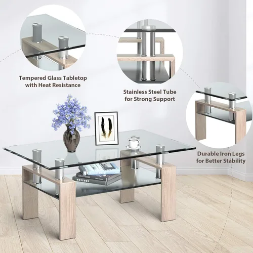 Vista 9 de Tangkula Mesa auxiliar rectangular de cristal, mesa auxiliar moderna con estante inferior, mesa de vidrio templado y patas de metal, adecuada