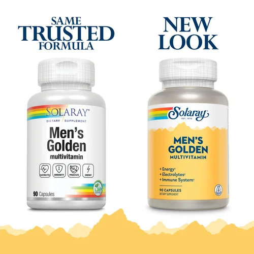 Vista 2 de SOLARAY Cápsulas multivitamínicas doradas para hombres, multivitamínico para hombres, contiene vitamina A, D, C, zinc y magnesio, suplemento diario