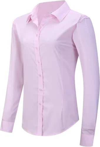 Vista 12 de MGWDT Camisa de trabajo con botones para mujer, ajustada, resistente a las arrugas, manga larga/corta, elástica, ligera