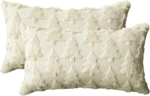 Vista 16 de AVOIN colorlife Juego de 2 fundas de almohada beige con árbol de Navidad, 16 x 16 pulgadas, felpa suave, piel sintética, jacquard, festivales