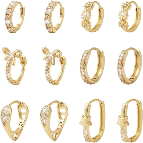Vista 8 de Fashewelry 10 aretes de aro chapados en oro de 18 quilates de 0.630 x 0.591 in de latón grueso con cierre de palanca con lazo para colgar, anillo