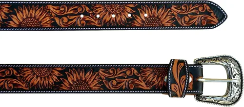 Vista 3 de Western Cuero Genuino Girasol Floral Tooled Casual Jeans Cinturón Con Hebilla Removeable 30AB101