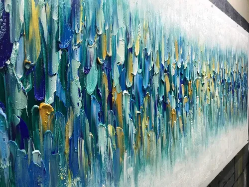 Vista 3 de AMEI Arte, 24 x 60 pulgadas, grande, pintado a mano, abstracto, texturizado, dorado, azul, pinturas acrílicas, arte de pared multicolor, estirado
