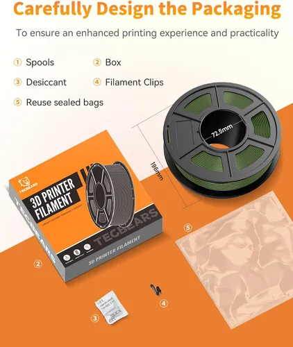 Vista 5 de TECBEARS Filamento PLA 1.75mm, Filamento de impresora 3D enrollado cuidadosamente, precisión dimensional +/- 0.02 mm, carrete de 1 kg (2.2 lbs)