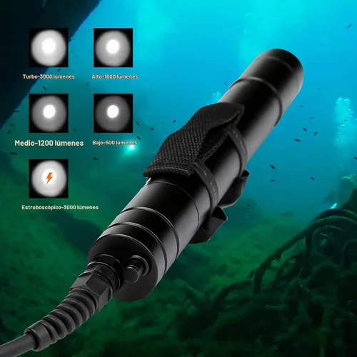 Vista 4 de WD70 - Luz de buceo con recipiente – Kit de linterna técnica de buceo ultra brillante de 3000 lúmenes con mango Goodman ajustable, 5 modos de luz