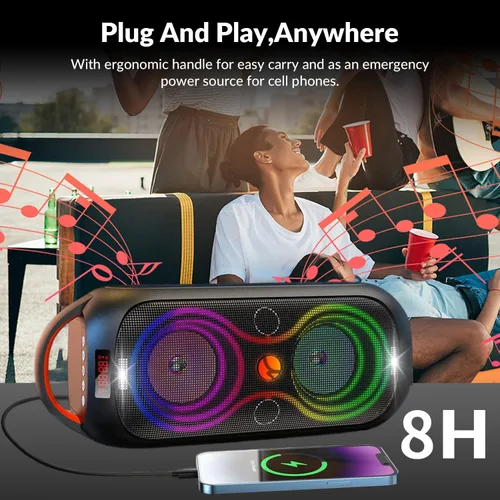 Vista 6 de Altavoces Bluetooth inalámbricos: sonido fuerte de 120 dB, 8 luces LED dinámicas, 5 modos RGB, Bluetooth 5.3, entrada TWS/USB/TF/AUX/FM/Mic, mango