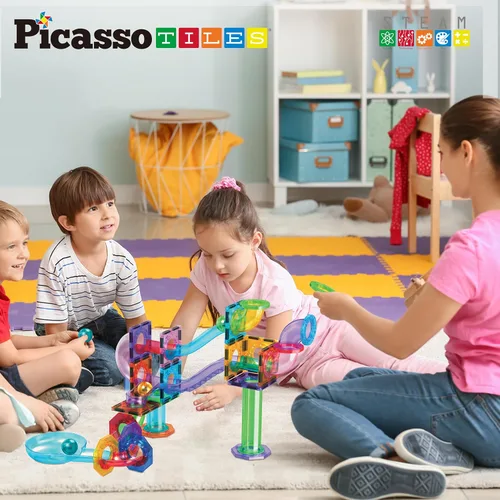 Vista 4 de PicassoTiles Carrera de Canicas Juego de 60 piezas, pista de carreras, bloques de construcción magnéticos, juguete educativo, kit de construcción