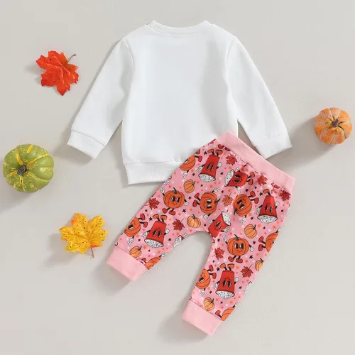 Vista 4 de Kayotuas Conjunto de camisa y pantalones de manga larga con cuello redondo para bebé, disfraz de calabaza, fantasma, calabaza, fantasma, camiseta