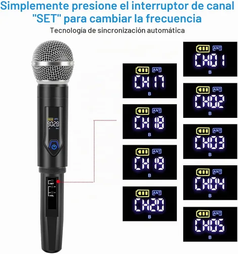 Vista 4 de Sistema de Micrófono Inalámbrico con Estuche, Micrófono Inalámbrico Dual de Mano UHF Metálico de 20 Canales Profesional para Iglesia, DJ, Karaoke