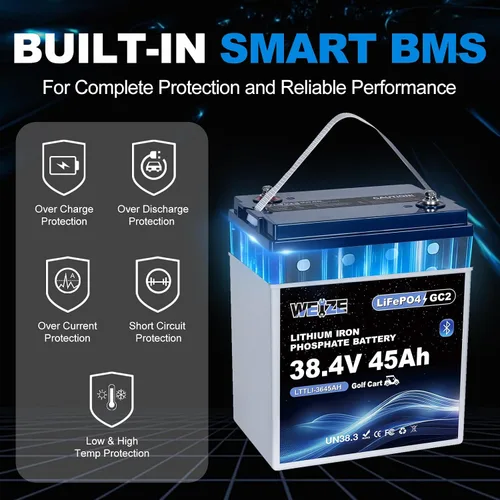 Vista 6 de WEIZE Batería LiFePO4 para carrito de golf Bluetooth 36V 45AH GC2, celdas de grado A, BMS de 100 A, batería de litio de ciclo profundo de protección