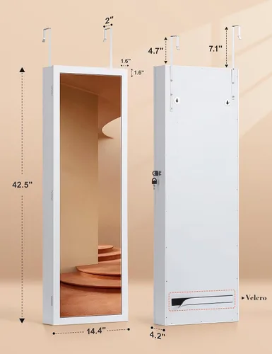 Vista 8 de Nicetree Armario de joyería con espejo de 6 LED, organizador de joyas con cerradura de gran capacidad, espejo montado en puerta o pared
