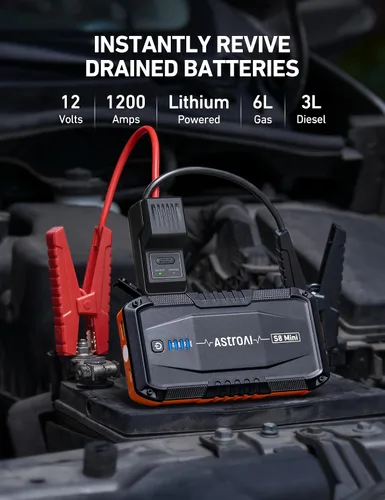 Vista 2 de AstroAI S8 Mini Arrancador de Batería de Coche Portátil, Arrancador de Coche Portátil de 12V para Motores de Gasolina de hasta 6.0L/Diésel de 3.0L