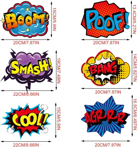 Vista 2 de Blulu 30 piezas de decoración de fiesta temática de héroe, letreros de recortes de papel de cartón