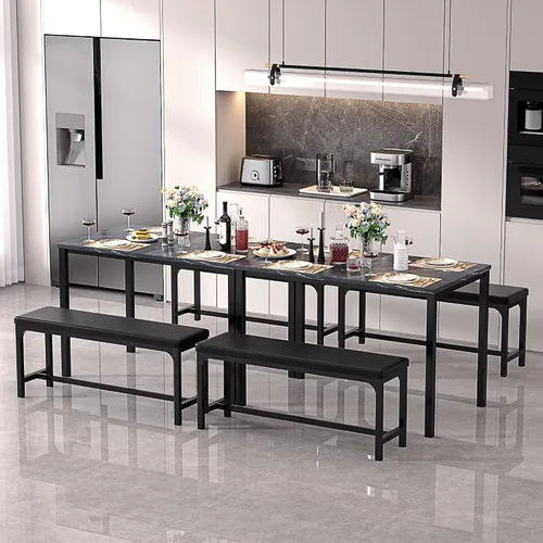 Vista 5 de VECELO Mesa de cocina extensible de 3 piezas de 63 pulgadas con bancos/sillas, moderno juego de desayuno/comedor para 4/6/2, diseño de ahorro