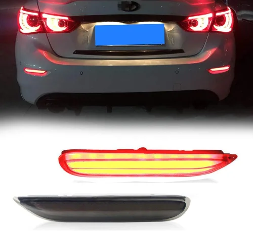 Vista 8 de Reflector de parachoques trasero LED óptico 3D rojo con luces de freno y señal de giro secuencial, kit de iluminación de freno estroboscópico