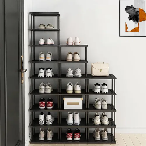 Vista 6 de Zapatero vertical – Organizador de zapatos alto y estrecho para espacios pequeños, estante de bambú de 5 niveles para entrada, armario, esquina