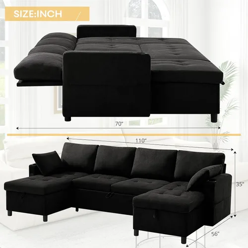 Vista 3 de Sofá cama extraíble de tela de 110 pulgadas con respaldos ajustables, sofá cama modular con puertos USB y 2 soportes para tazas, sofá tapizado