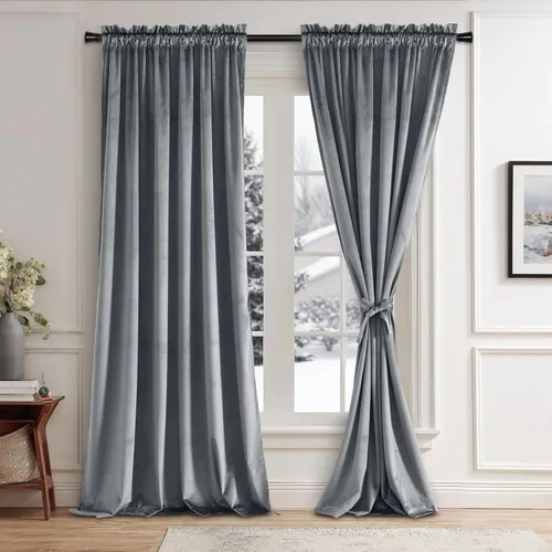 Vista 44 de JIUZHEN Cortinas de terciopelo beige de 63 pulgadas de ancho x 63 pulgadas de largo, cortinas de terciopelo retro suaves con bolsillo para barra