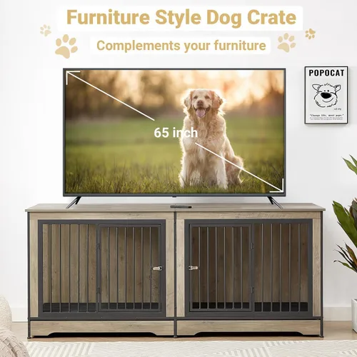 Vista 11 de Rovibek Mueble doble para perros de 75 pulgadas para 2 perros grandes, muebles resistentes, estilo jaulas para perros, mesa auxiliar, jaulas