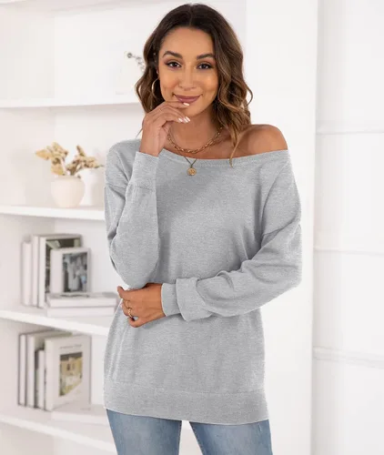Vista 3 de LILBETTER suéter holgado de manga larga, con hombro descubierto, cuello cuadrado, para mujer, de punto
