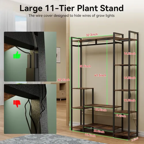 Vista 6 de Soporte para plantas de interior con luces de crecimiento de 11 niveles de madera, estante para plantas de interior de 157 cm de altura, soporte