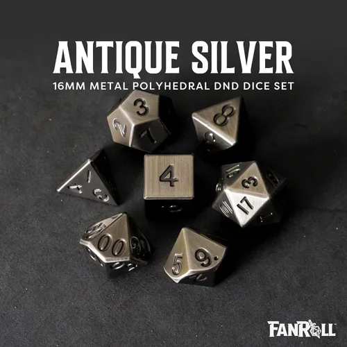 Vista 2 de FanRoll - Juego de dados poliédricos de metal de 0.630 in, plata antigua, dados de juego de rol para Calabozos y Dragones