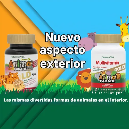 Vista 2 de NaturesPlus Animal Parade Gold Multivitamínico Masticables para niños, sabor a cereza, 60 tabletas masticables en forma de animal, con vitamina D3