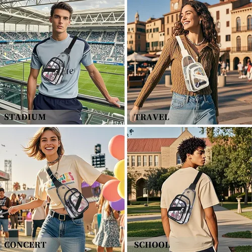 Vista 9 de Bolsa transparente para eventos en estadios, mochila transparente para mujer, impermeable, de PVC, cangurera cruzada para conciertos