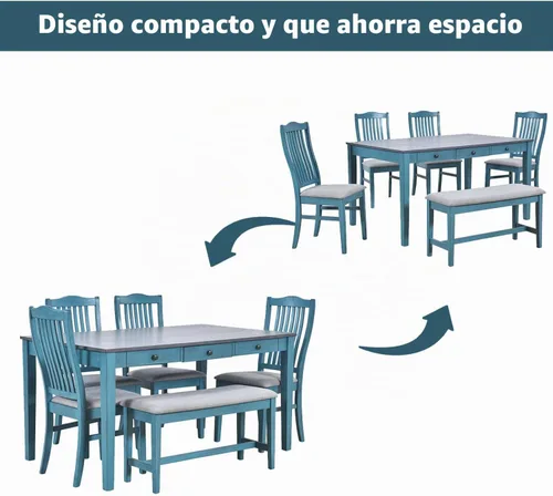 Vista 2 de Juego de mesa de comedor vintage de 6 piezas, juego de mesa de comedor de cocina de madera maciza con 4 sillas ergonómicas acolchadas y banco, mesa