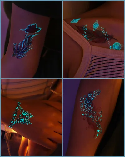 Vista 4 de 20 hojas de tatuajes temporales de mariposa que brillan en la oscuridad para mujeres, flores luminosas, mariposas, alas de tatuaje, calcomanías
