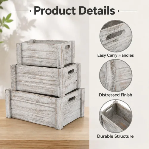 Vista 3 de Hacaroa Paquete de 3 cajas de madera con asas, caja de almacenamiento rústica para anidar, cestas de madera decorativas para frutas, verduras