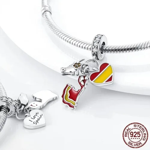 Vista 2 de Encanto de la bandera de España para pulsera, encanto de plata esterlina, encanto del país, encanto del toro, encanto de España, encanto del regalo