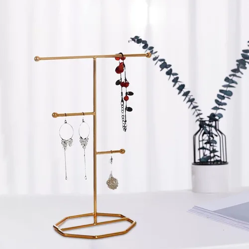 Vista 5 de Estante de joyería minimalista T- regalos organizador de almacenamiento de aretes para relojes, collares, anillos, exhibición de joyería, L, Metal