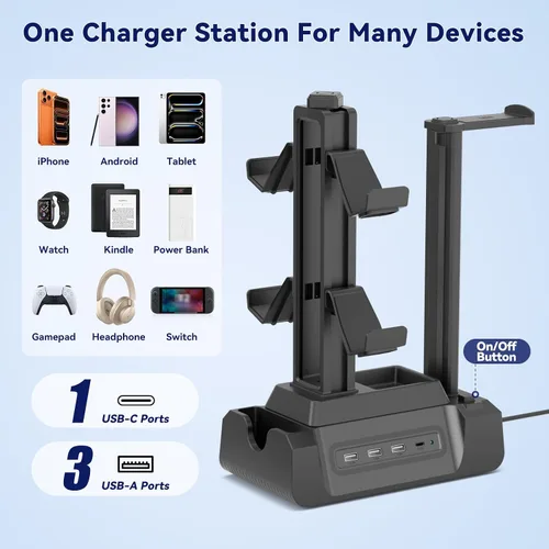 Vista 2 de KDD Estación de carga para múltiples dispositivos - Base de carga de 4 puertos con controlador y soporte para auriculares - 3 USB A y 1 USB C