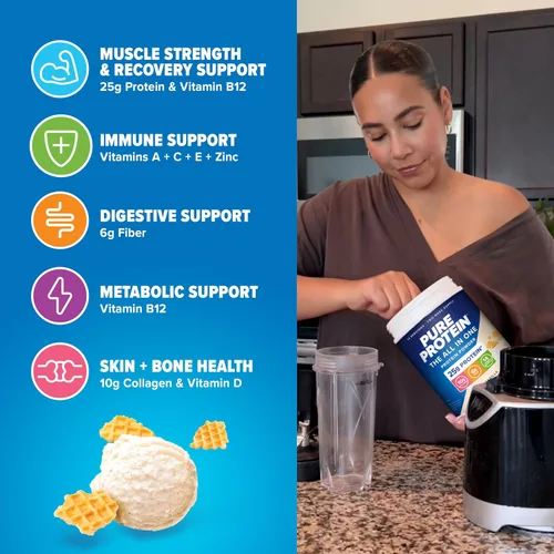 Vista 4 de Pure Protein Polvo todo en uno, chocolate rico, suero de leche y colágeno, alto en fibra, vitaminas, sin azúcar añadido, sin OMG, sin gluten, 1.25