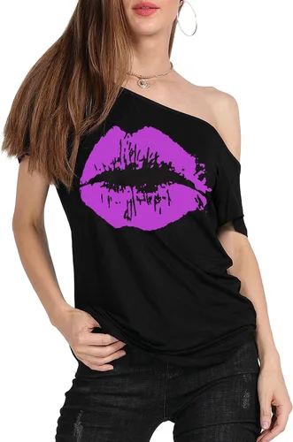 Vista 59 de MAGICMK - Camiseta casual para mujer, con estampado de labios y hombro descubierto, talla extragrande