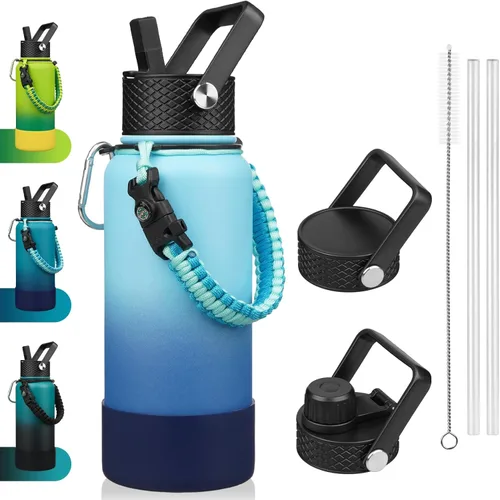 Vista 30 de BJPKPK - Botella de agua con tapa de popote, botellas de agua aisladas de 18 onzas con 3 tapas, asa de cuerda de paracaídas y base antideslizante