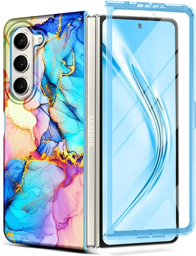 Vista 35 de Btscase Funda para Samsung Galaxy Z Fold 5, protector de pantalla frontal integrado, patrón de mármol dorado con purpurina de policarbonato duro