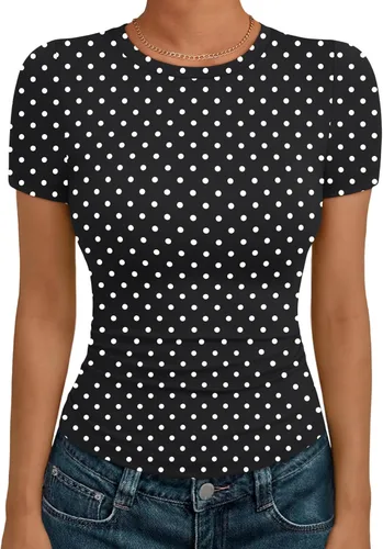 Vista 36 de AUTOMET - Camisetas básicas de manga corta para mujer, para verano, entrenamiento o gimnasio, con cuello redondo, ropa moderna estilo Y2K