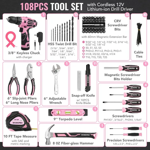 Vista 2 de WORKPRO Juego de herramientas rosa con taladro eléctrico, kit de taladro rosa portátil de 108 piezas para damas para el hogar con caja