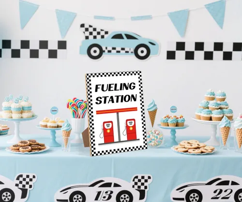Vista 4 de Decoraciones de fiesta de cumpleaños de coche de carreras, letrero de estación de combustible, decoraciones de cumpleaños rápidos uno y dos, placa