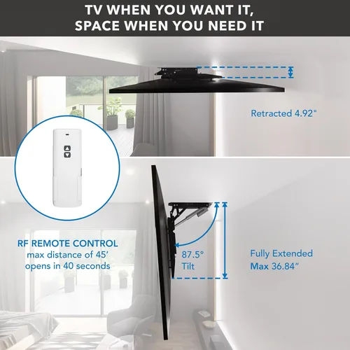 Vista 2 de Mount-It! Soporte motorizado para TV de techo – Soporte de TV eléctrico silencioso abatible para pantallas de 50 a 90 pulgadas, diseño desplegable
