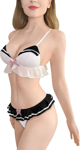 Vista 2 de Littleforbig Women Nightwear Sexy Contrast Collar Sleeveless Backless Bikini Bra Panties Bikini Set Negro