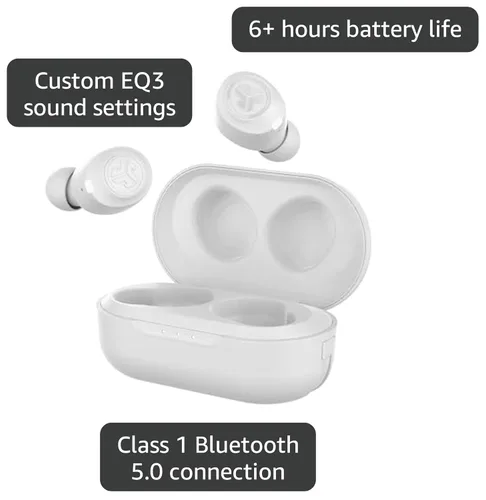 Vista 3 de JLab JBuds Air True Auriculares inalámbricos Bluetooth + funda de carga, blanco, resistencia al sudor IP55, conexión Bluetooth 5.0, firma de 3