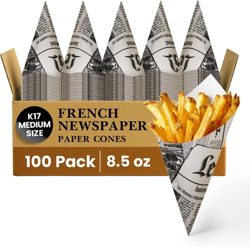 Vista 18 de Friteshop LeMende - Conos de papel de periódico francés – Vasos desechables para servir aperitivos – K13, 4.5 oz Mini Snacks – 100 unidades Le