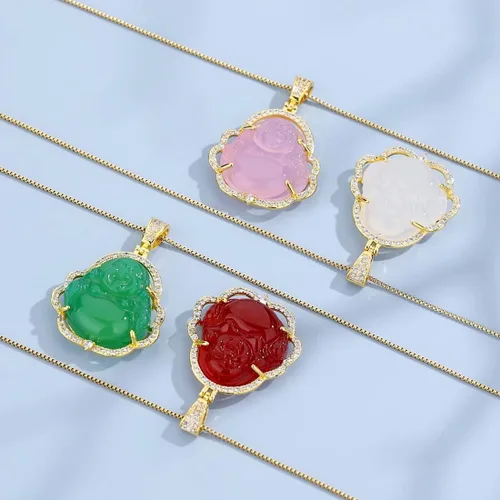 Vista 3 de Collar con dije de Buda de jade verde, collar deslumbrante con piedras de circonia cúbica y Buda que se ríe